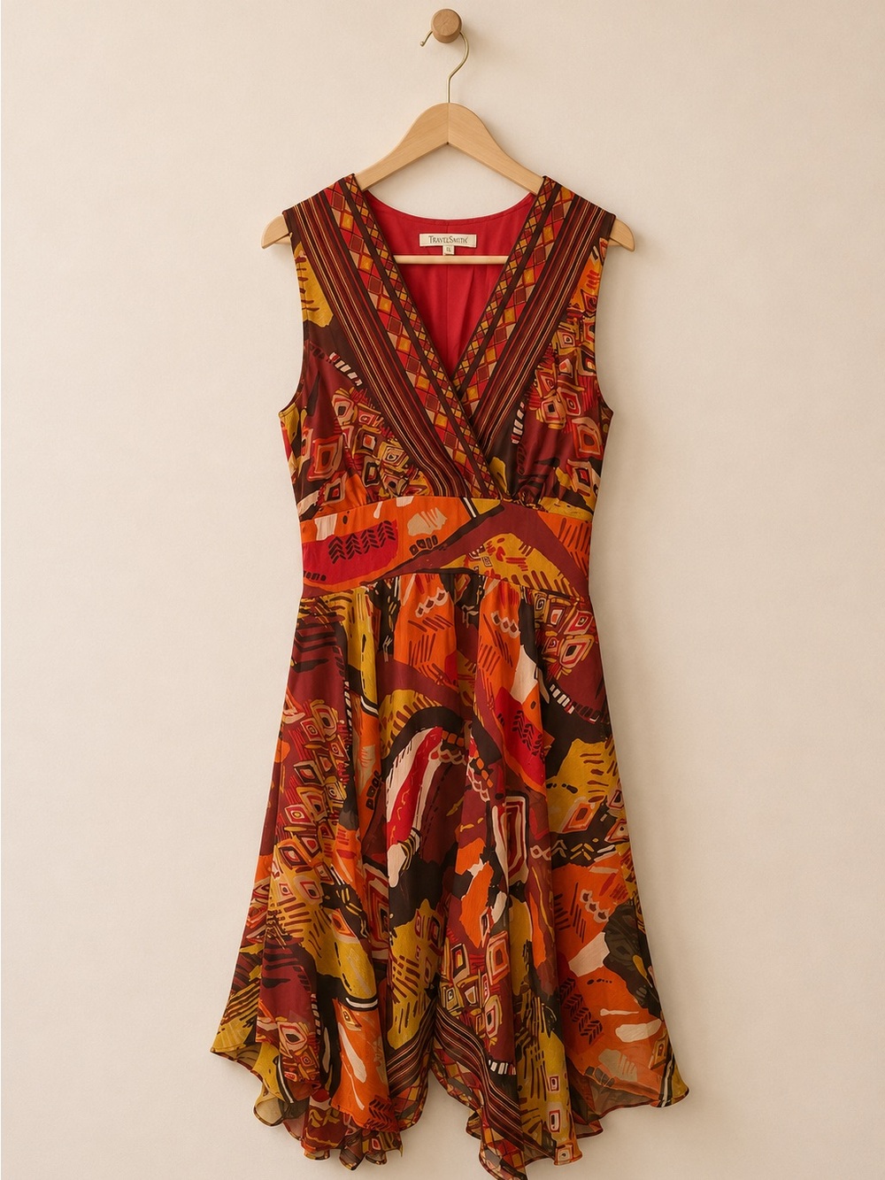 TravelSmith Boho Abstract Handkerchief Hem Dress Resort Midi Medium